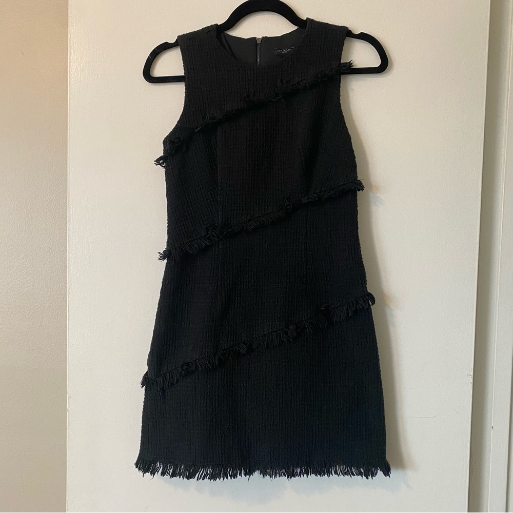 Ann Taylor black tweed boucle fringe black shift dress petite